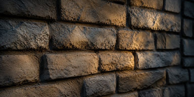 Close-up of Baltimore formstone — a rough-textured imitation-stone facade lit by warm raking light.