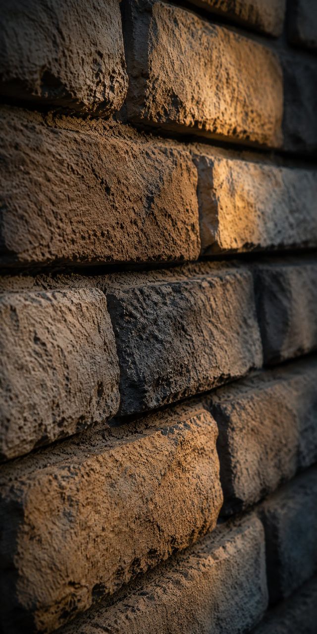 Close-up of Baltimore formstone — a rough-textured imitation-stone facade lit by warm raking light.